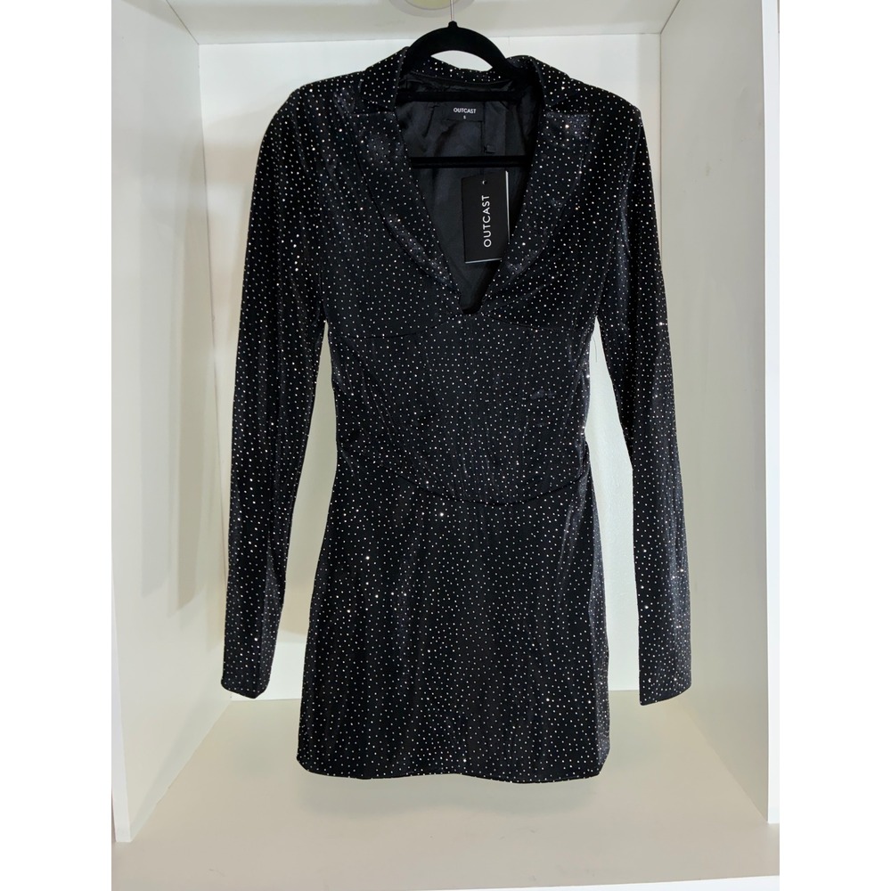 Outcast Velorae Mini Dress Women Small Black Glitter Velvet Long Sleeve OC7030